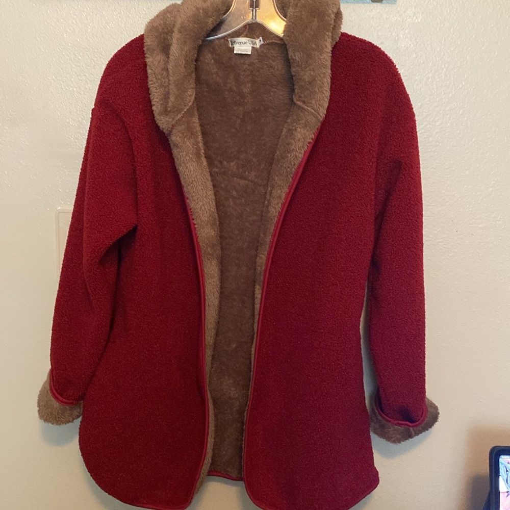 Z AVENUE USA Women's Open Hooded  Burgundy and Brown Lined Jacket, Medium